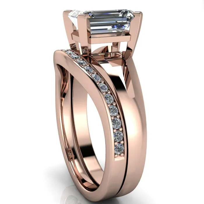 Versailles Emerald Center Stone Split Shank Under Bezel 4 Prong Ring Fire Brilliance Rings