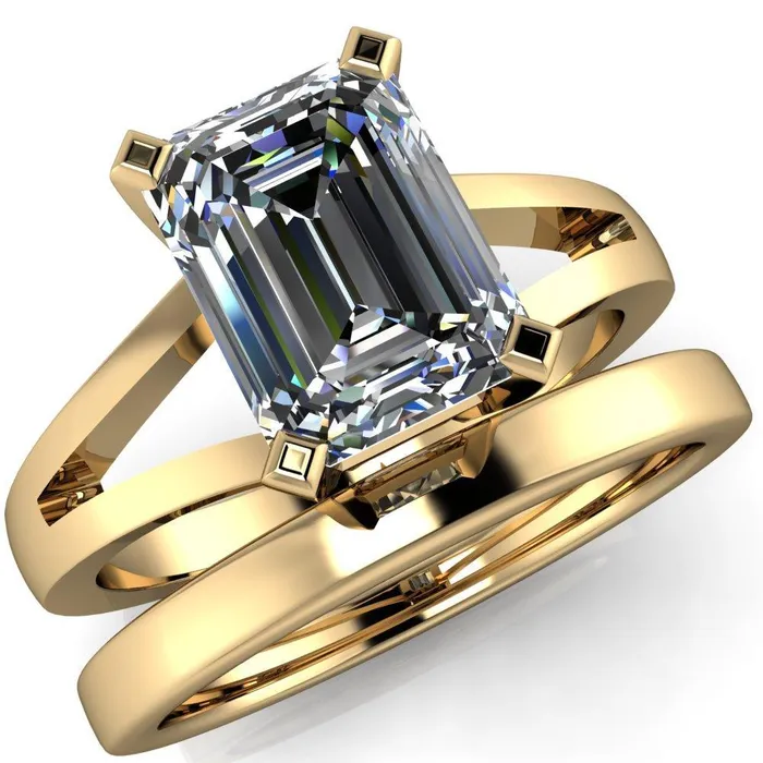 Versailles Emerald Center Stone Split Shank Under Bezel 4 Prong Ring Fire Brilliance Rings