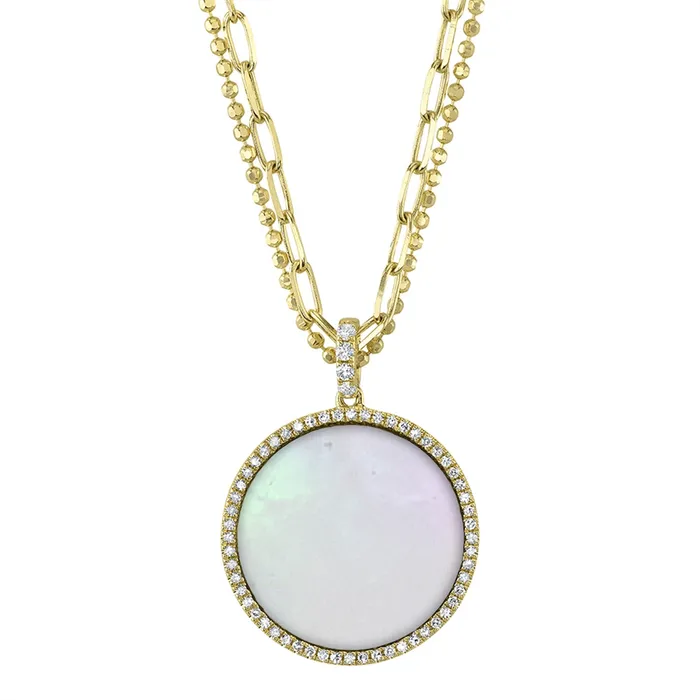 14K Yellow Gold Diamond Mother of Pearl Round Pendant on Double Chain Meierotto Jewelers Necklaces