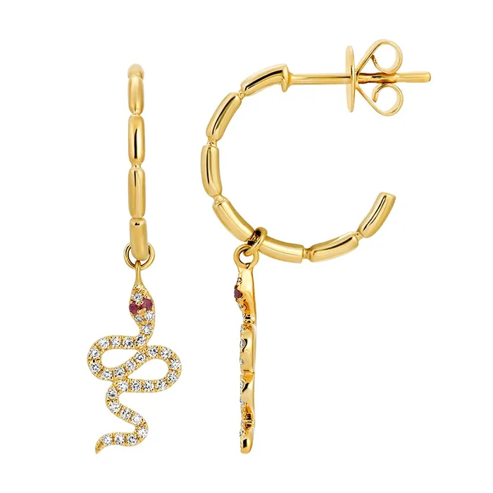 14K Yellow Gold Hoop Earrings with Diamond and Ruby Snake Dangle Meierotto Jewelers Earrings