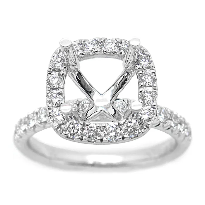 18K White Gold Semi Mount Cushion Halo Engagement Collections PreStyled Sets