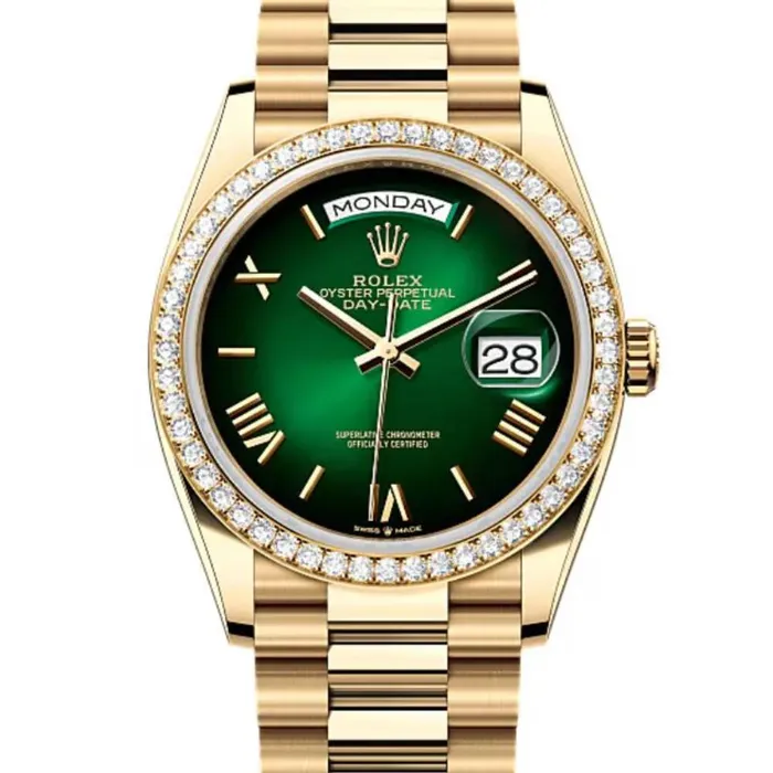 2024 Release Rolex DayDate 36 mm 18k yellow gold President bracelet Bright green dial Fluted bezel Mens Watch 128238 Rolex Bracelets