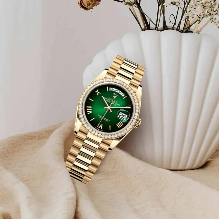 2024 Release Rolex DayDate 36 mm 18k yellow gold President bracelet Bright green dial Fluted bezel Mens Watch 128238 Rolex Bracelets