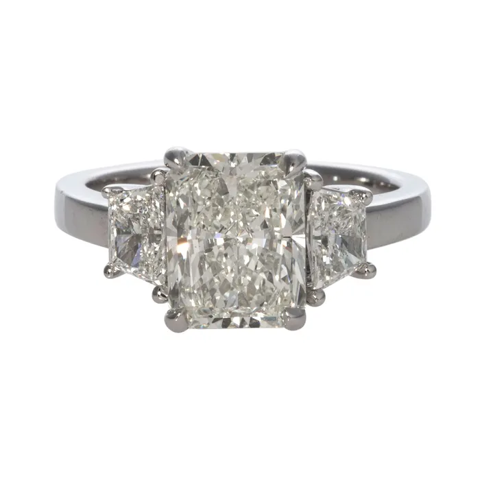 3ct Radiant Center 71ct Trapezoid Side Diamond ThreeStone Platinum Ring Croghans Rings