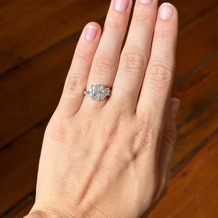 3ct Radiant Center 71ct Trapezoid Side Diamond ThreeStone Platinum Ring Croghans Rings