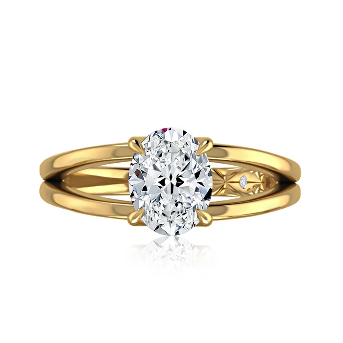 AJaffe 14K Yellow Gold Solitaire Ring Oval Head with Diamond Quilt Shank A Jaffe Rings