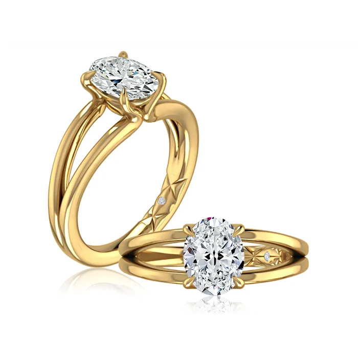 AJaffe 14K Yellow Gold Solitaire Ring Oval Head with Diamond Quilt Shank A Jaffe Rings AJaffe 14K Yellow Gold Solitaire Ring Oval Head with Diamond Quilt Shank A Jaffe Rings