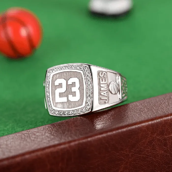 Belbren Personalized Mens Basketball Signet Ring with Number Custom Sterling Silver Sports Name Ring Rings