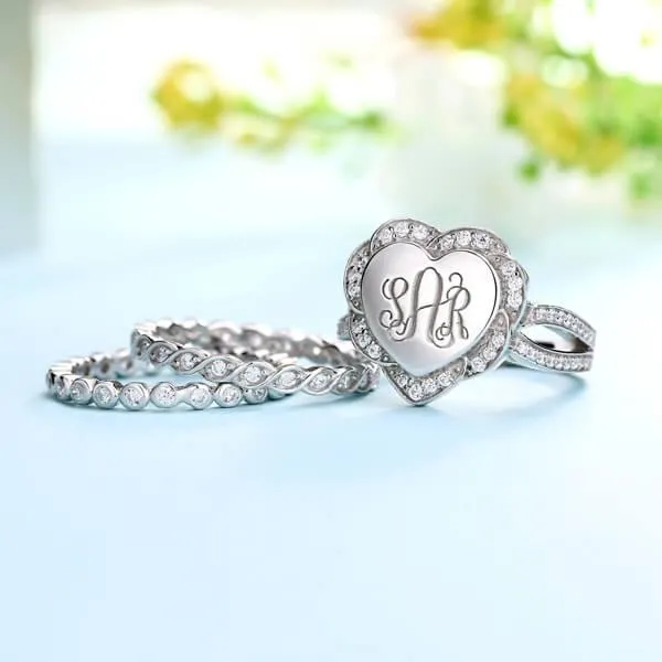 Belbren Rings 925 Sterling Silver Stackable Monogram Ring Personalized Heart Engraving Ideal for Engagement Bridesmaid Gifts