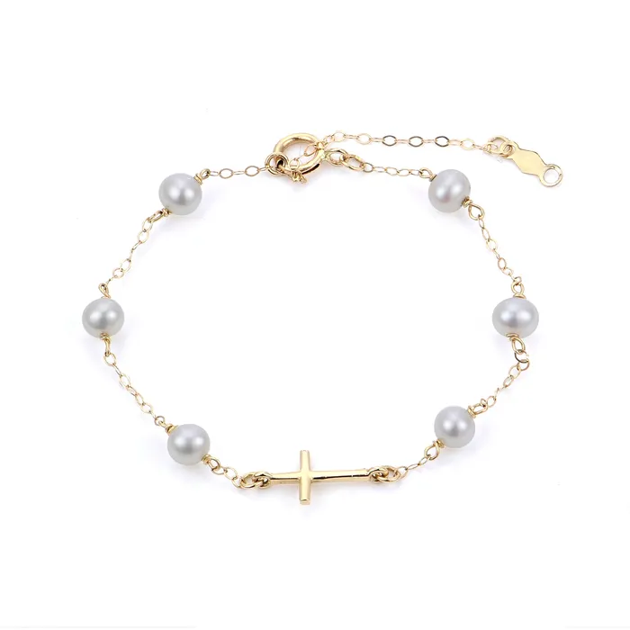 Bracelets Child 4mm Freshwater Pearl Cross Station 14K Yellow Gold Bracelet Croghans Bracelets Child 4mm Freshwater Pearl Cross Station 14K Yellow Gold Bracelet Croghans