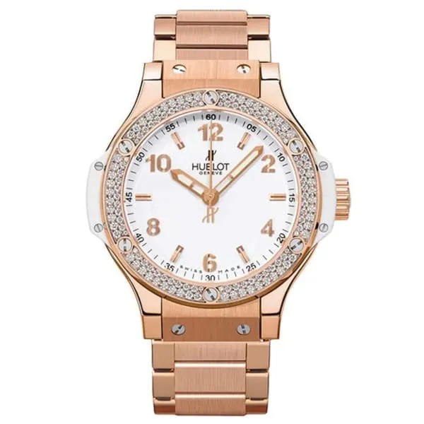 Bracelets Hublot Hublot Big Bang Portocervo 38mm Watch Ref 361PE2010PE1104 White Dial Diamond Bezel 18K Rose Gold White Resin Bracelet