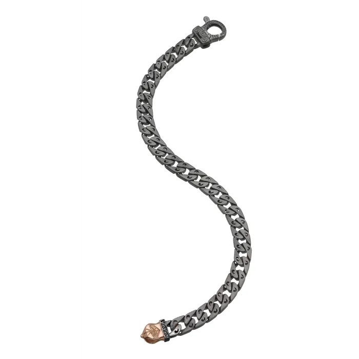 Bracelets Marco Dal Maso Marco Dal Maso Flaming Tongue Link Bracelet in Recycled Oxidized Sterling Silver and 18K Rose Gold Vermeil with Black Diamonds