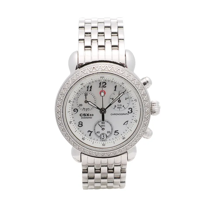 Bracelets Meierotto Jewelers Michele CSX Stainless Steel MOP Dial Diamond Bezel Chronograph 33mm Quartz Preowned