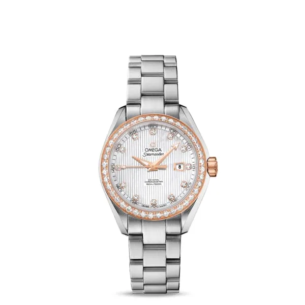 Bracelets Omega Omega Seamaster 34mm Watch Ref 23125342055003 White Mother of Pearl Diamond Index Dial Diamond Bezel in 18K Rose Gold Case Stainless Steel Bracelet Bracelets Omega Omega Seamaster 34mm Watch Ref 23125342055003 White Mother of Pearl Diamond Index Dial Diamond Bezel in 18K Rose Gold Case Stainless Steel Bracelet