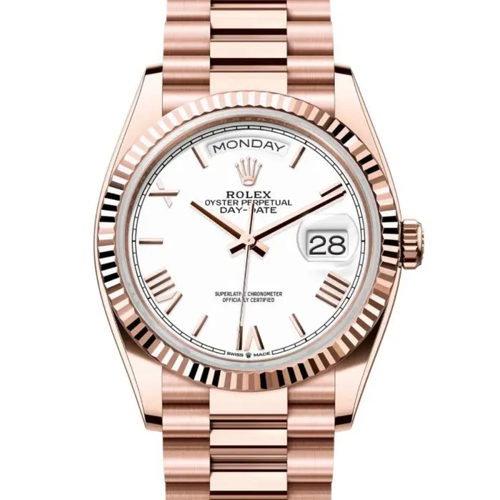 Bracelets Rolex 2024 Release Rolex DayDate 36 mm 18k Everose gold President bracelet White dial Fluted bezel Mens Watch 128235