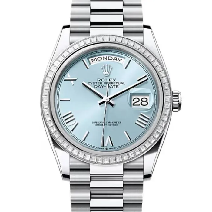 Bracelets Rolex 2024 Release Rolex DayDate 36 mm Platinum President bracelet Ice blue dial Diamond bezel Mens Watch 128396TBR