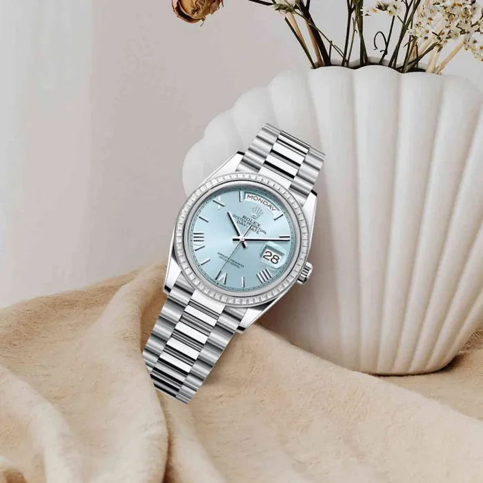 Bracelets Rolex 2024 Release Rolex DayDate 36 mm Platinum President bracelet Ice blue dial Diamond bezel Mens Watch 128396TBR