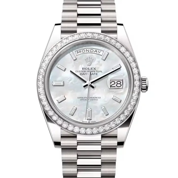 Bracelets Rolex Introducing the 2024 Rolex DayDate 40mm Ref 228349rbr0046 in 18k white gold presidential bracelet white mother of pearl diamond dial View it now