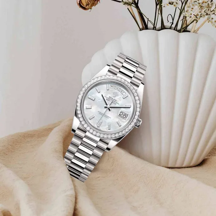 Bracelets Rolex Introducing the 2024 Rolex DayDate 40mm Ref 228349rbr0046 in 18k white gold presidential bracelet white mother of pearl diamond dial View it now