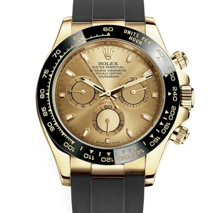 Bracelets Rolex Rolex Cosmograph Daytona 40mm Ref 116518ln0042 Champagne Index Dial Ceramic Bezel 18K Yellow Gold Case Black Oysterflex Bracelet Mens Watch