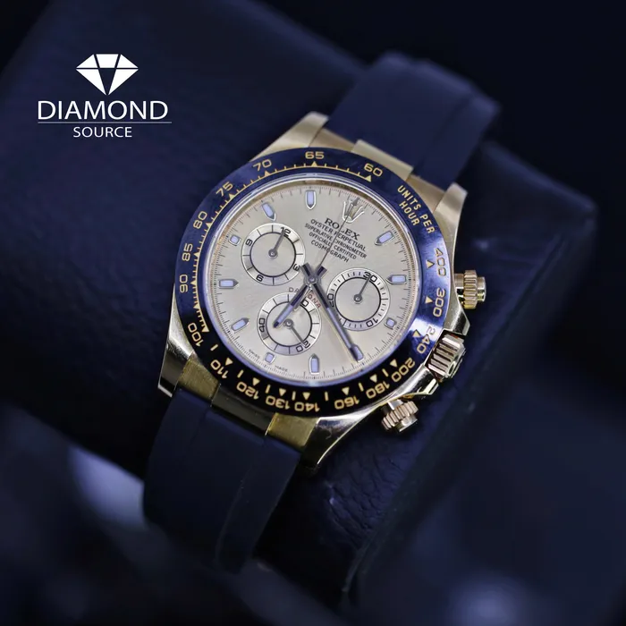 Bracelets Rolex Rolex Cosmograph Daytona 40mm Ref 116518ln0042 Champagne Index Dial Ceramic Bezel 18K Yellow Gold Case Black Oysterflex Bracelet Mens Watch