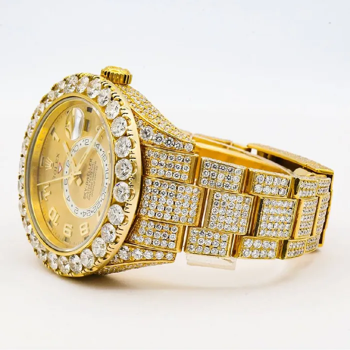 Bracelets Rolex SkyDweller 42mm Ref 326938 Champagne Dial Custom Diamond Bezel 18K Yellow Gold Oyster Custom Diamond Bracelet Watch Rolex