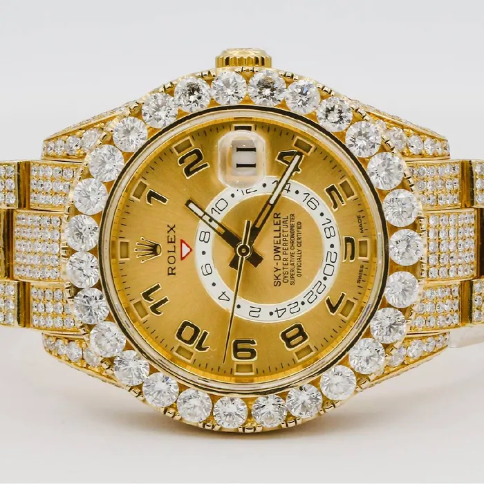 Bracelets Rolex SkyDweller 42mm Ref 326938 Champagne Dial Custom Diamond Bezel 18K Yellow Gold Oyster Custom Diamond Bracelet Watch Rolex