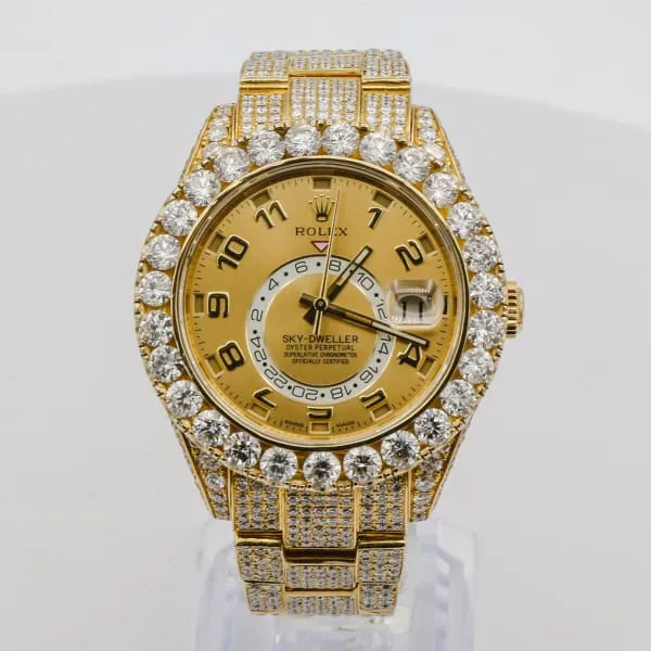 Bracelets Rolex SkyDweller 42mm Ref 326938 Champagne Dial Custom Diamond Bezel 18K Yellow Gold Oyster Custom Diamond Bracelet Watch Rolex