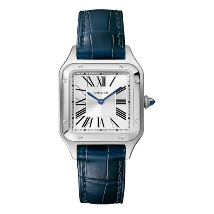 Cartier Cartier Santos Dumont 38mm Watch Ref WSSA0023 Silver Roman Dial Blue Leather Strap Watches Cartier Cartier Santos Dumont 38mm Watch Ref WSSA0023 Silver Roman Dial Blue Leather Strap Watches