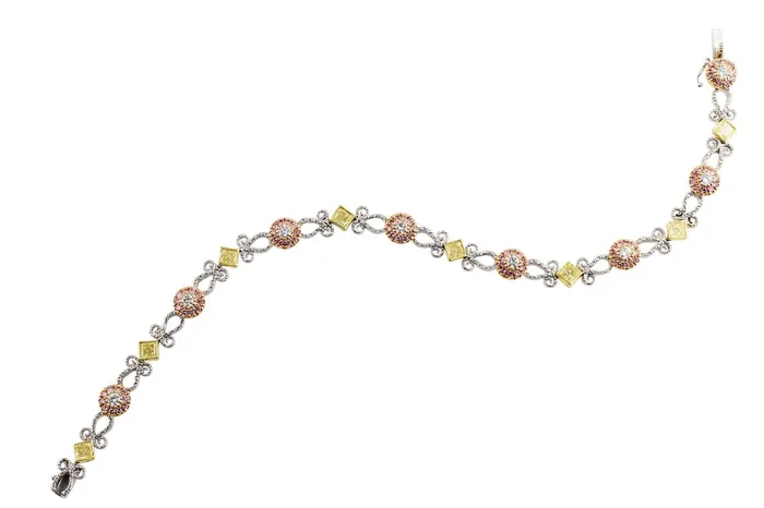 CJ Charles Jewelers Bracelets 18k White Gold 423ctw Pink and Yellow Diamond Filigree Bracelet CJ Charles Jewelers Bracelets 18k White Gold 423ctw Pink and Yellow Diamond Filigree Bracelet