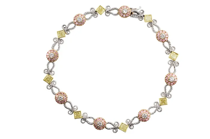 CJ Charles Jewelers Bracelets 18k White Gold 423ctw Pink and Yellow Diamond Filigree Bracelet CJ Charles Jewelers Bracelets 18k White Gold 423ctw Pink and Yellow Diamond Filigree Bracelet