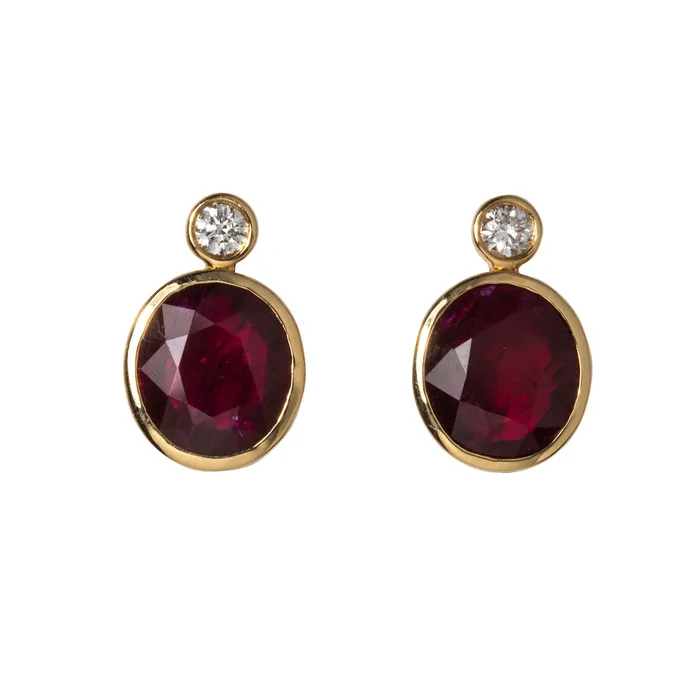 Croghans Earrings 3ctw Oval Ruby Diamond BezelSet 18K Yellow Gold Earrings Croghans Earrings 3ctw Oval Ruby Diamond BezelSet 18K Yellow Gold Earrings