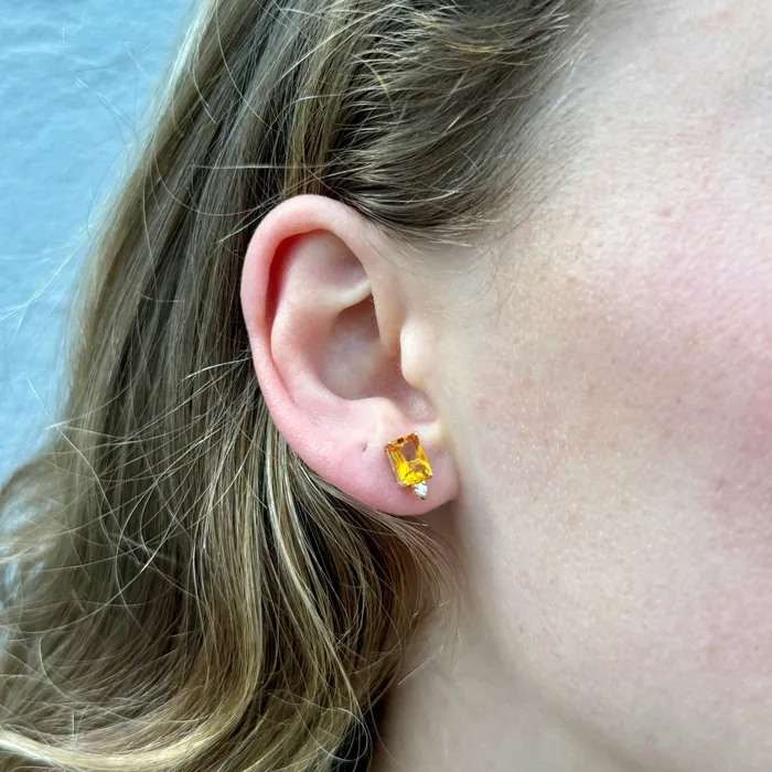 Croghans Earrings EmeraldCut Citrine Diamond 14K Yellow Gold Earrings