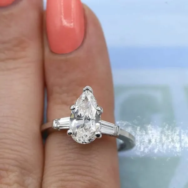 Diamond Source NYC 3 Stone Engagement Ring Set in Platinum 205ct tw Pear Shape Tapered Baguette Clarity Enhanced Diamonds Rings