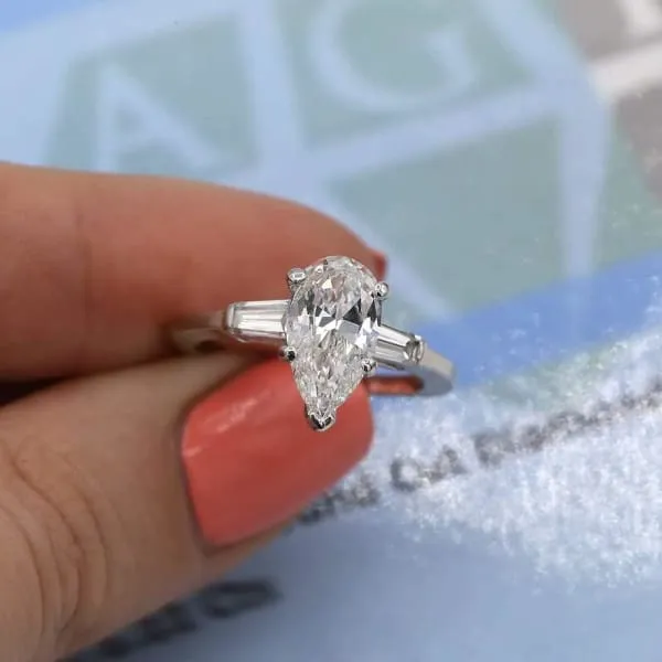 Diamond Source NYC 3 Stone Engagement Ring Set in Platinum 205ct tw Pear Shape Tapered Baguette Clarity Enhanced Diamonds Rings