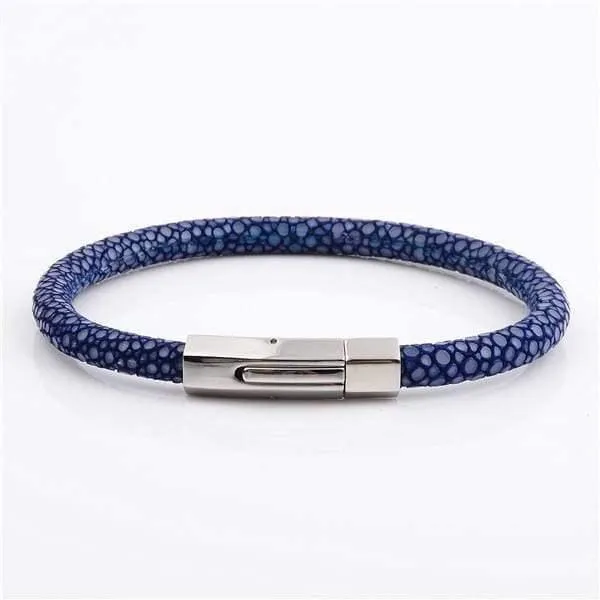 Diamond Source NYC Bracelets Stainless Steel Charm With Real Stingray Leather Mens Bracelet Blue