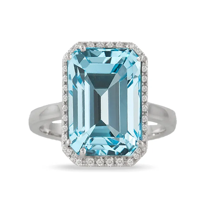Doves 18K White Gold Rectangular Sky Blue Topaz with Diamond Halo Ring Doves Rings Doves 18K White Gold Rectangular Sky Blue Topaz with Diamond Halo Ring Doves Rings