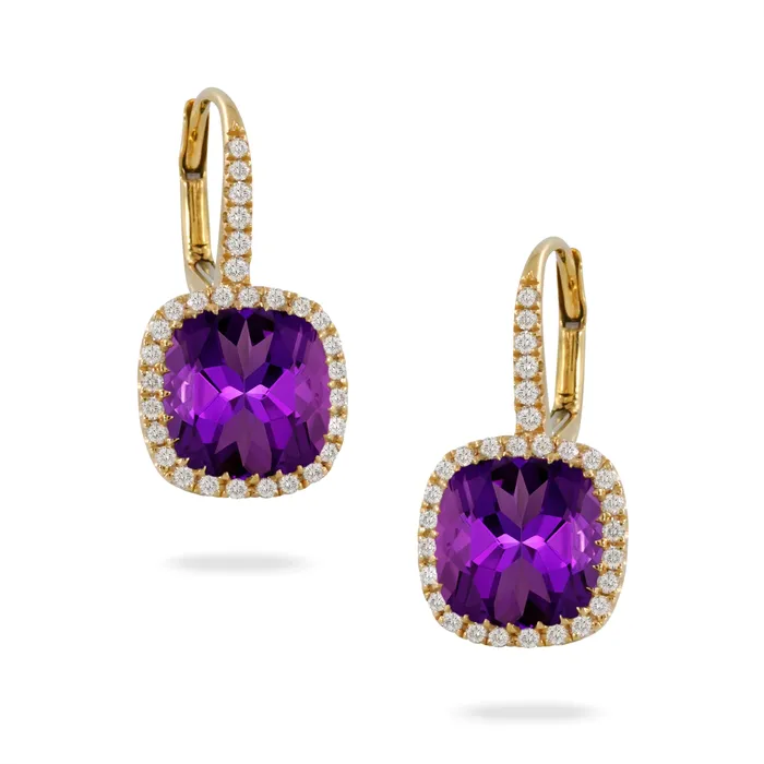 Doves 18K Yellow Gold Cushion Amethyst with Diamond Halo Dangle Earrings Doves Earrings Doves 18K Yellow Gold Cushion Amethyst with Diamond Halo Dangle Earrings Doves Earrings