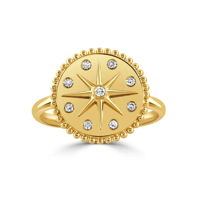 Doves 18K Yellow Gold Diamond Medallion Ring with Plain Gold Shank Doves Rings Doves 18K Yellow Gold Diamond Medallion Ring with Plain Gold Shank Doves Rings
