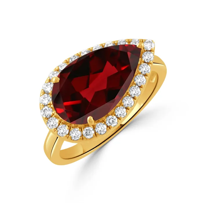 Doves 18K Yellow Gold East to West Pear Garnet with Diamond Halo Ring Doves Rings Doves 18K Yellow Gold East to West Pear Garnet with Diamond Halo Ring Doves Rings