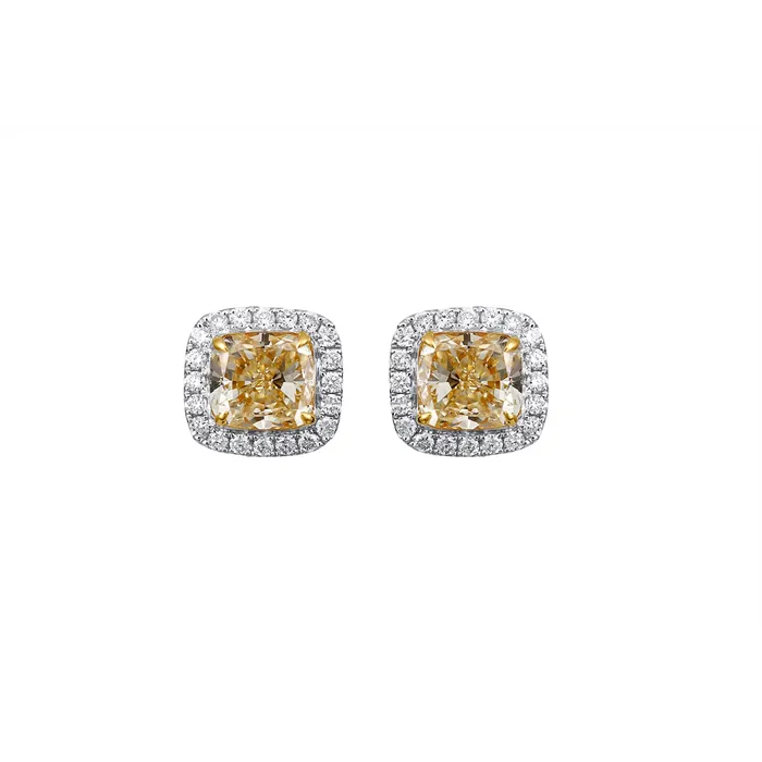 Earrings 14K White and Yellow Gold Cushion Fancy Yellow Diamond Stud Earrings with Halo Meierotto Jewelers Earrings 14K White and Yellow Gold Cushion Fancy Yellow Diamond Stud Earrings with Halo Meierotto Jewelers