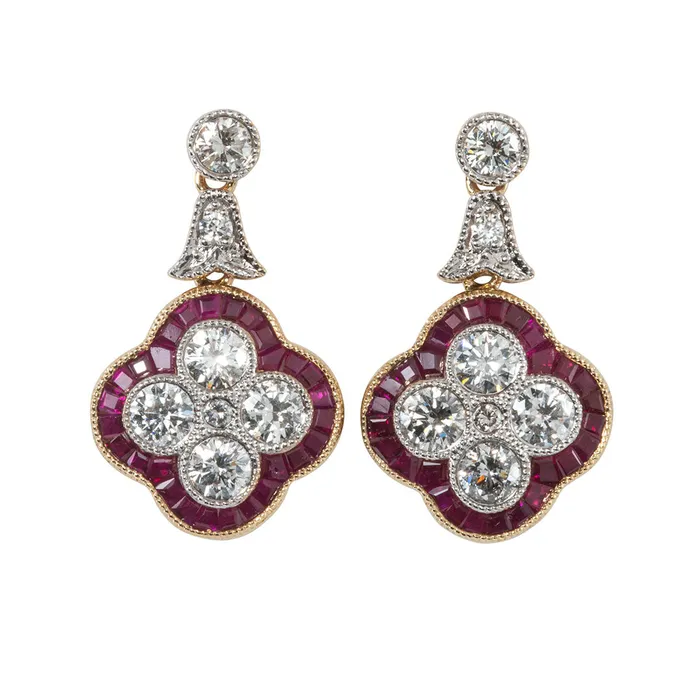 Earrings Croghans Ruby Diamond Quatrefoil Drop 14K Gold Earrings