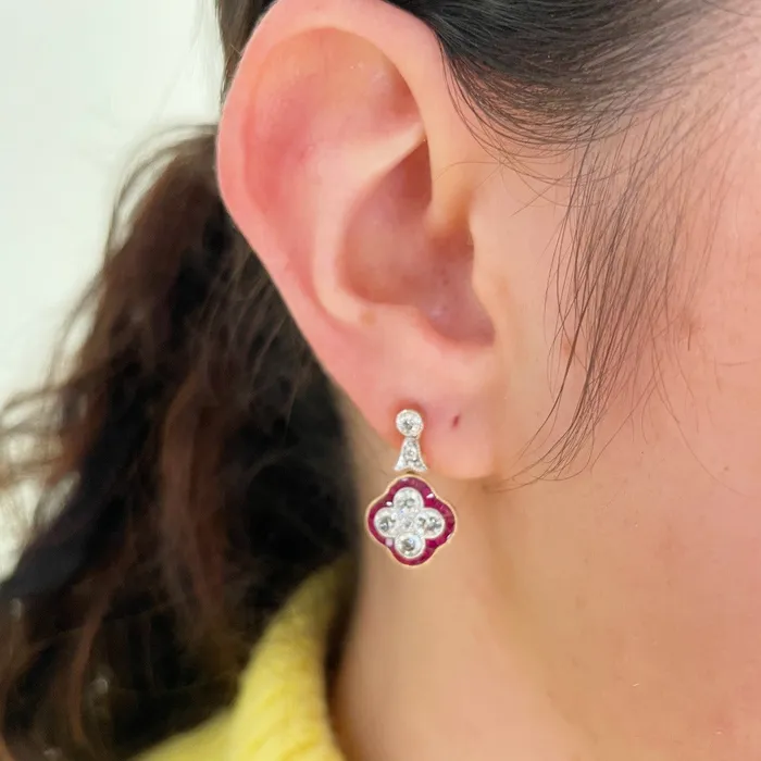 Earrings Croghans Ruby Diamond Quatrefoil Drop 14K Gold Earrings