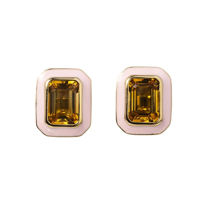 Earrings Goshwara Goshwara Citrine Pink Enamel 18K Gold Stud Earrings