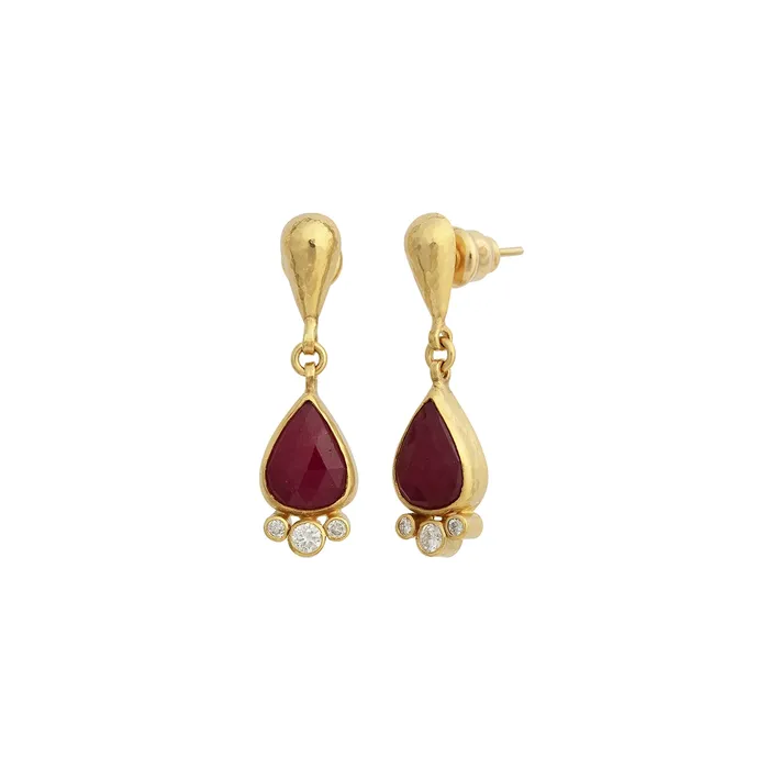 Earrings Gurhan Gurhan OneofaKind 24K Yellow Gold Rose Cut Ruby amd Round Diamond Dangle Earrings with 18K Post And Vermeil Push Backs Earrings Gurhan Gurhan OneofaKind 24K Yellow Gold Rose Cut Ruby amd Round Diamond Dangle Earrings with 18K Post And Vermeil Push Backs