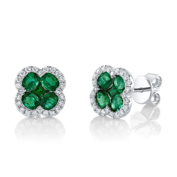 Earrings Meierotto Jewelers 14K White Gold Emerald and Diamond Clover Stud Earrings Earrings Meierotto Jewelers 14K White Gold Emerald and Diamond Clover Stud Earrings