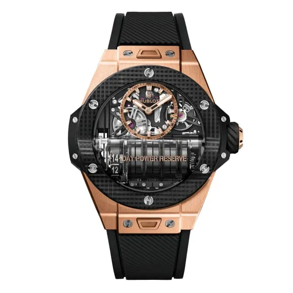 Hublot Big Bang MP11 Power Reserve 14 Days King Gold 3D Carbon 45mm Watch Ref 911OQ0118RX Skeleton Dial in 18K Rose Gold Case Black Rubber Strap Hublot PreStyled Sets