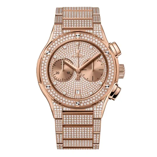 Hublot Classic Fusion Chronograph King Gold Full Pave 45mm Watch Ref 520OX9010OX3704 Pave Diamond Dial Diamond Bezel 18K Rose Gold Diamond Bracelet Hublot Bracelets Hublot Classic Fusion Chronograph King Gold Full Pave 45mm Watch Ref 520OX9010OX3704 Pave Diamond Dial Diamond Bezel 18K Rose Gold Diamond Bracelet Hublot Bracelets