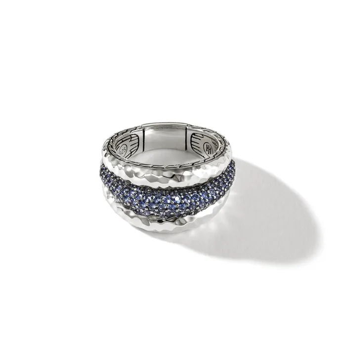 John Hardy Classic Chain Sterling Silver Hammered 3Row Open Ring with Blue Sapphire John Hardy Rings