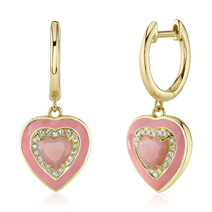 Meierotto Jewelers Earrings 14K Yellow Gold Pink Opal and Diamond Dangle Heart Earrings Meierotto Jewelers Earrings 14K Yellow Gold Pink Opal and Diamond Dangle Heart Earrings